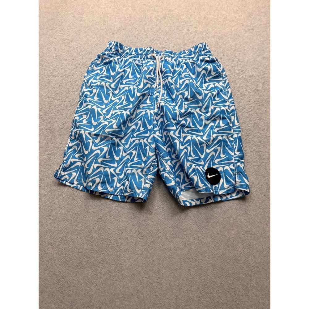 Nike Mens Blue White All Over Swoosh Logo Print Swim Trunks Shorts Size Small